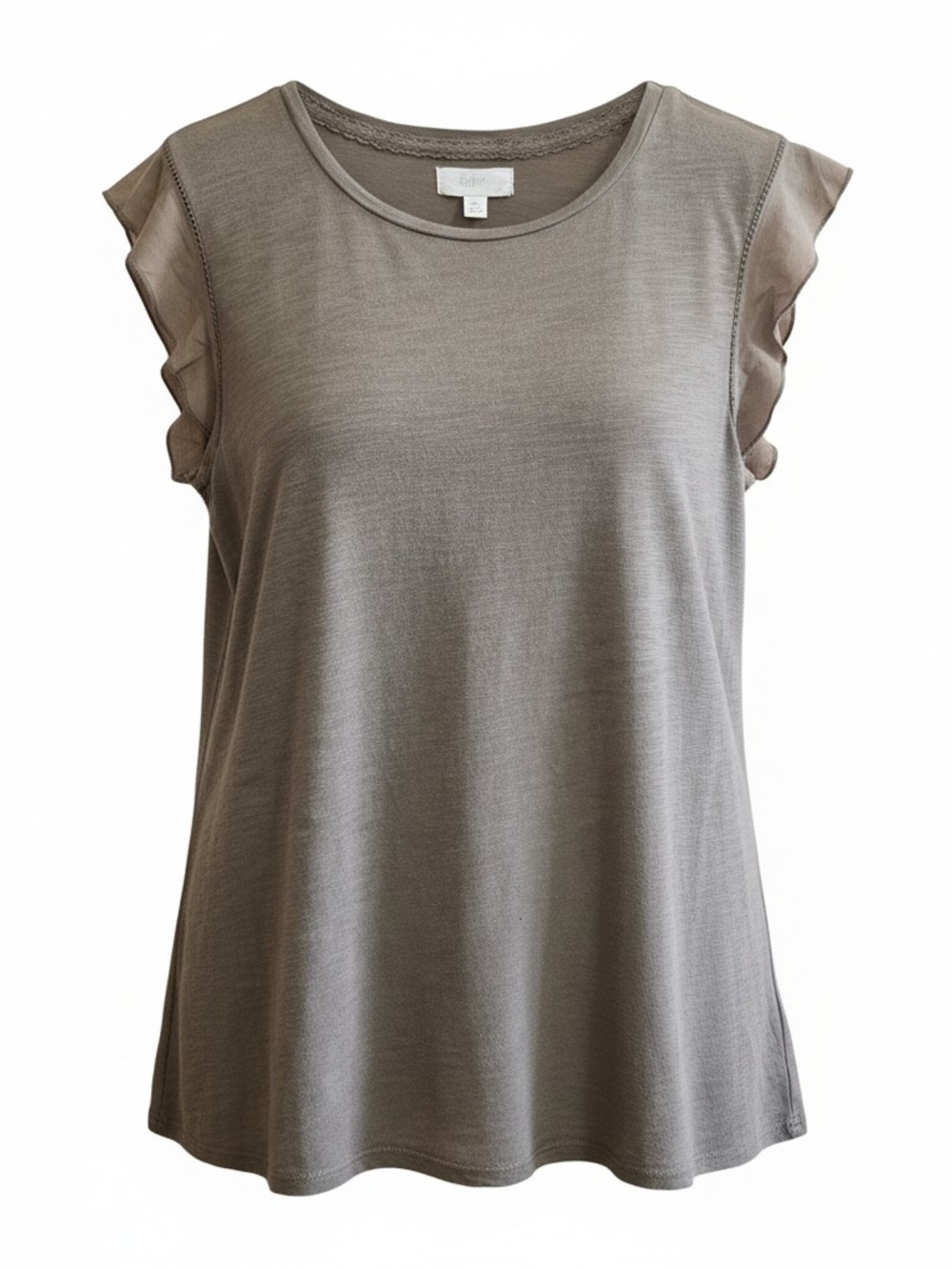 Cupio Women's T Shirt SZ SM Taupe Rufffle Sleeve Round Neck Festival